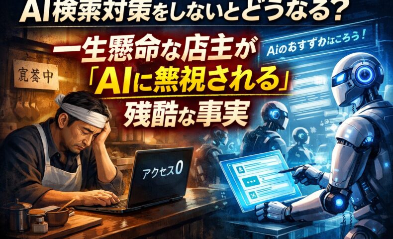 暗い店内でアクセス0の画面を前に悩む店主と、AI検索結果に選ばれず無視される様子を対比で表現したai検索対策の危機を示すイメージ