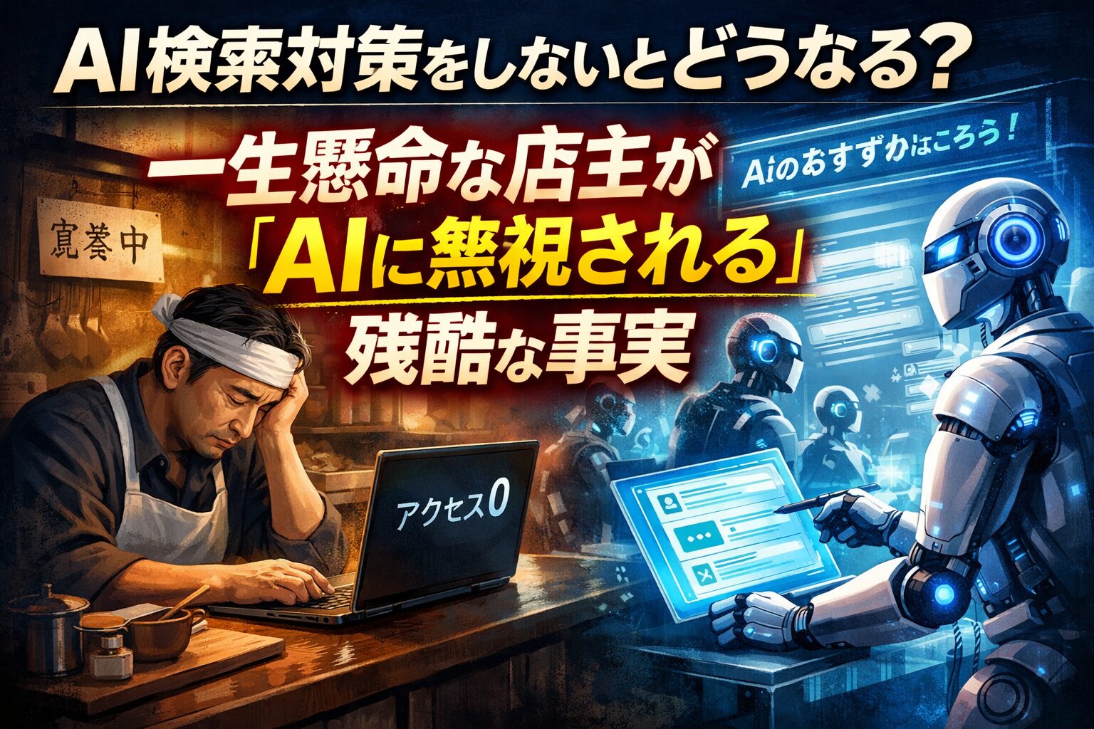暗い店内でアクセス0の画面を前に悩む店主と、AI検索結果に選ばれず無視される様子を対比で表現したai検索対策の危機を示すイメージ