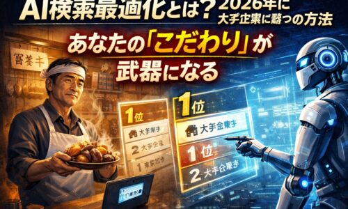 小規模店舗の店主が自分のこだわりを武器にAI検索最適化によって大手企業を上回り、AIに評価・推薦される未来を象徴的に描いたイメージ