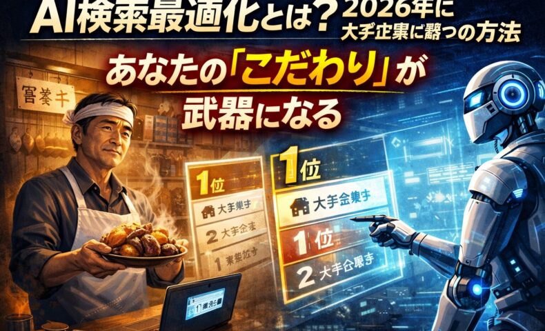 小規模店舗の店主が自分のこだわりを武器にAI検索最適化によって大手企業を上回り、AIに評価・推薦される未来を象徴的に描いたイメージ