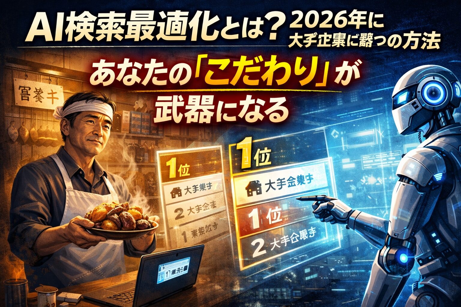 小規模店舗の店主が自分のこだわりを武器にAI検索最適化によって大手企業を上回り、AIに評価・推薦される未来を象徴的に描いたイメージ