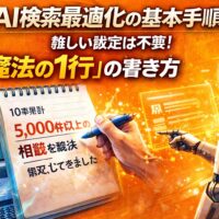 オレンジ色の背景で、ノートに具体的な実績を書き込む手元とAIロボットが並び、ai検索最適化により問い合わせを生む魔法の1行を表現したイメージ