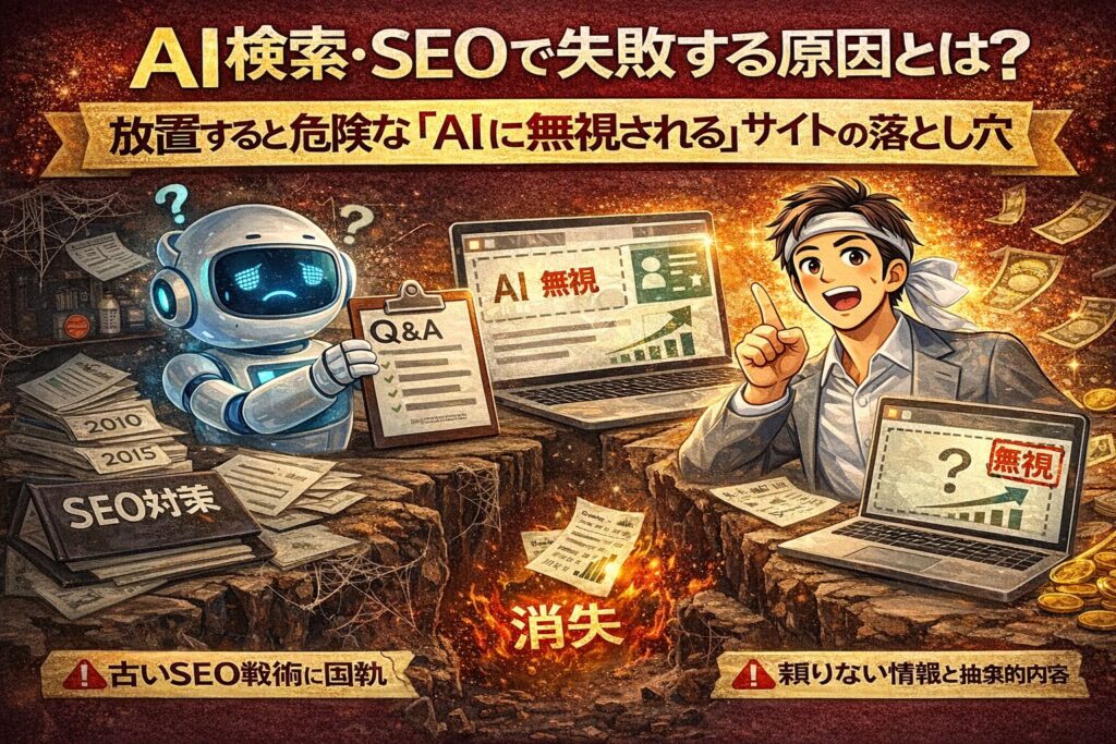 AI検索とSEOを放置した結果、古い対策に固執してAIに無視され集客機会を失うサイトの危険性を示す構図