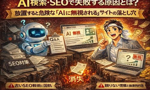 AI検索とSEOを放置した結果、古い対策に固執してAIに無視され集客機会を失うサイトの危険性を示す構図