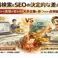 AI検索とSEOの違いを視覚的に対比し、個人事業主が大手企業に勝つための一点突破戦略を示す構成図