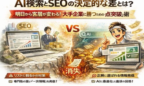 AI検索とSEOの違いを視覚的に対比し、個人事業主が大手企業に勝つための一点突破戦略を示す構成図