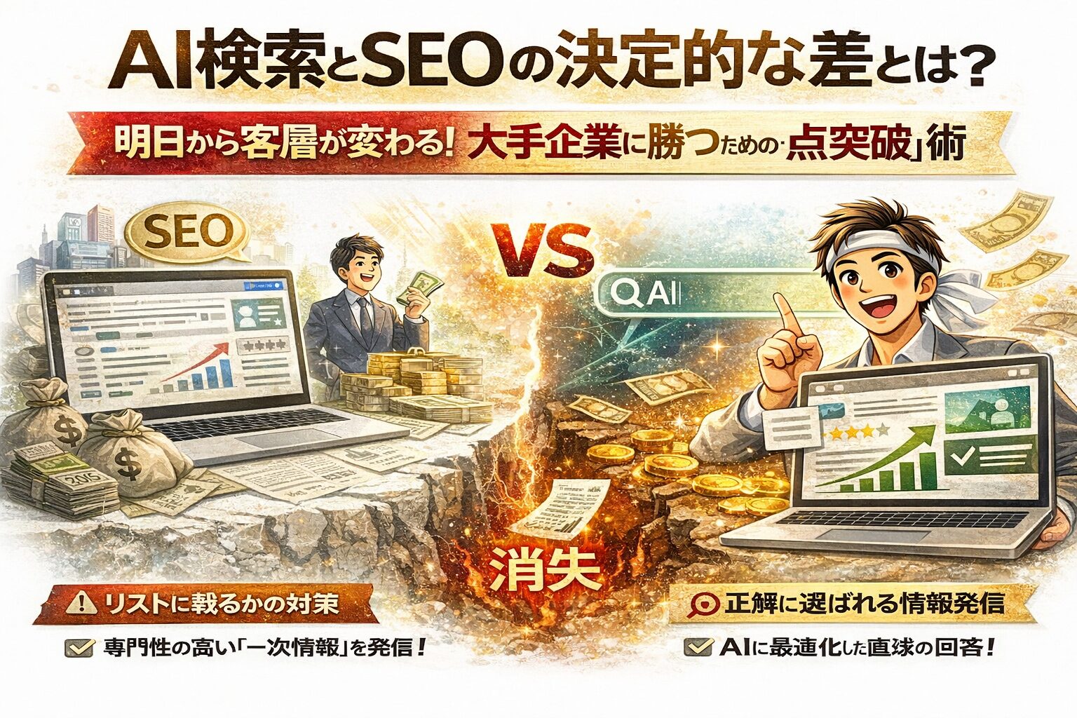 AI検索とSEOの違いを視覚的に対比し、個人事業主が大手企業に勝つための一点突破戦略を示す構成図