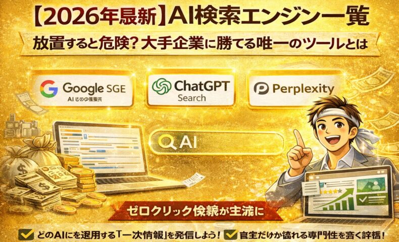 2026年に注目すべき主要なai検索エンジン一覧を示し、Google・ChatGPTなどの特徴と集客活用の重要性を視覚的に伝えている
