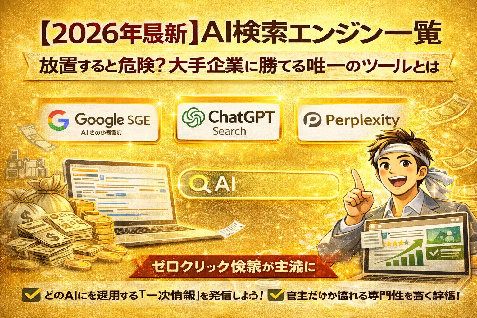 2026年に注目すべき主要なai検索エンジン一覧を示し、Google・ChatGPTなどの特徴と集客活用の重要性を視覚的に伝えている
