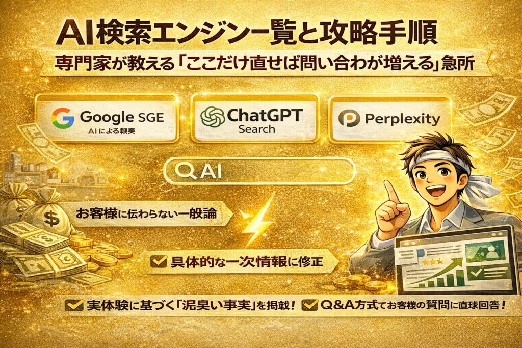 金色の背景に、AI検索エンジンの概念と攻略手順を象徴するアイコンや図解を配置し、ai検索エンジン一覧と集客改善を訴求するアイキャッチ画像