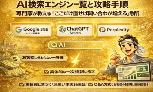 金色の背景に、AI検索エンジンの概念と攻略手順を象徴するアイコンや図解を配置し、ai検索エンジン一覧と集客改善を訴求するアイキャッチ画像