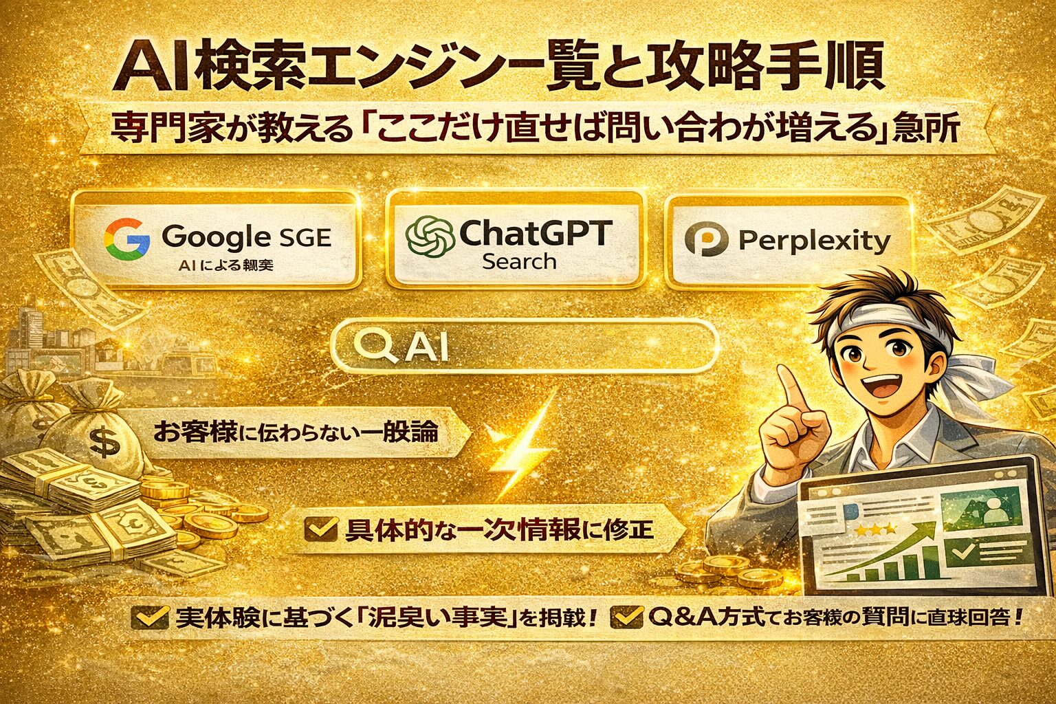 金色の背景に、AI検索エンジンの概念と攻略手順を象徴するアイコンや図解を配置し、ai検索エンジン一覧と集客改善を訴求するアイキャッチ画像