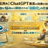 ChatGPTを活用した集客自動化の仕組みを、孤独な作業から問い合わせ増加へと変化する流れで視覚的に表現したイラスト