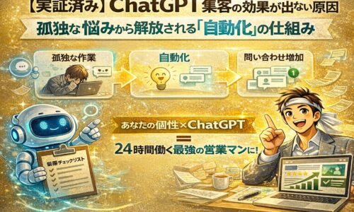 ChatGPTを活用した集客自動化の仕組みを、孤独な作業から問い合わせ増加へと変化する流れで視覚的に表現したイラスト