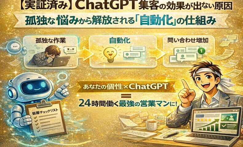 ChatGPTを活用した集客自動化の仕組みを、孤独な作業から問い合わせ増加へと変化する流れで視覚的に表現したイラスト