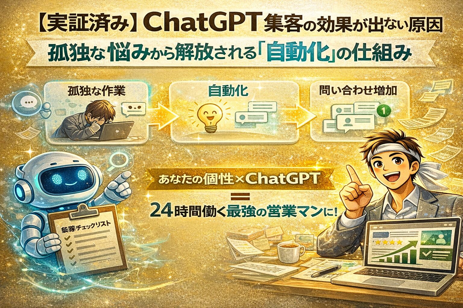 ChatGPTを活用した集客自動化の仕組みを、孤独な作業から問い合わせ増加へと変化する流れで視覚的に表現したイラスト