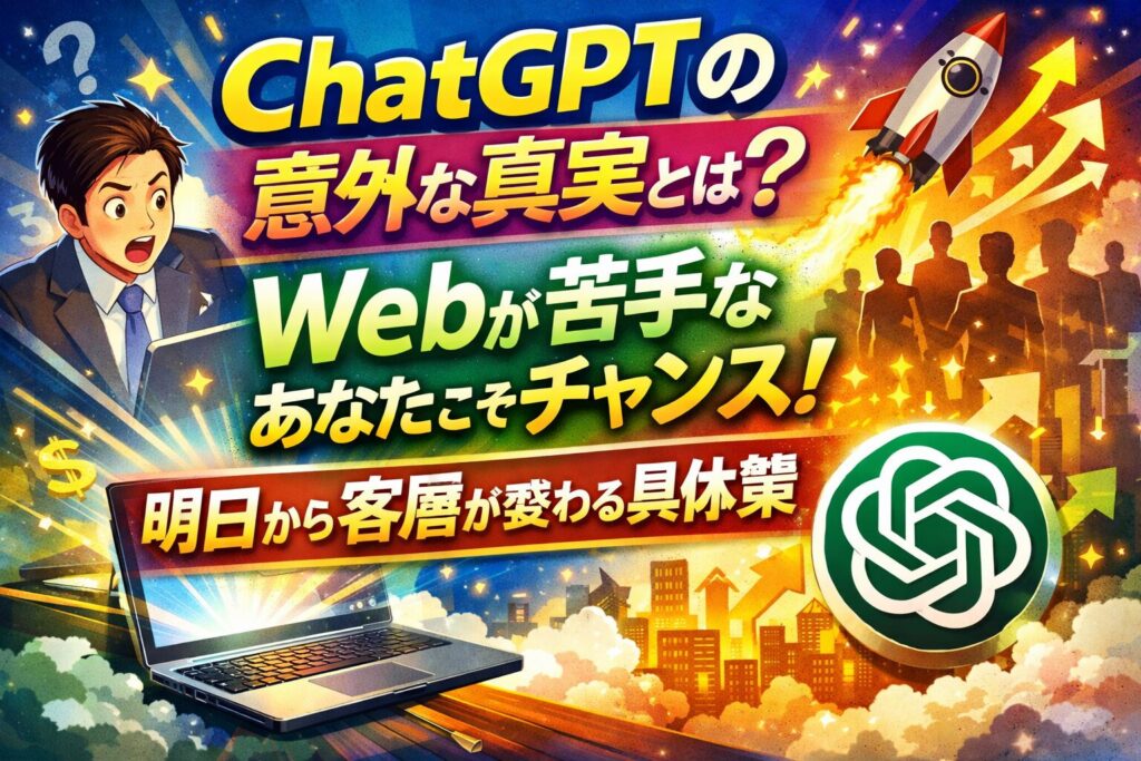 ChatGPTを活用してWebが苦手な事業主でも客層を変えられる可能性を示すイメージ。驚く男性とパソコン、成長を象徴するロケットとChatGPTロゴを配置したビジュアル。