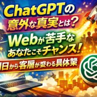 ChatGPTを活用してWebが苦手な事業主でも客層を変えられる可能性を示すイメージ。驚く男性とパソコン、成長を象徴するロケットとChatGPTロゴを配置したビジュアル。