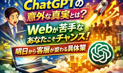ChatGPTを活用してWebが苦手な事業主でも客層を変えられる可能性を示すイメージ。驚く男性とパソコン、成長を象徴するロケットとChatGPTロゴを配置したビジュアル。