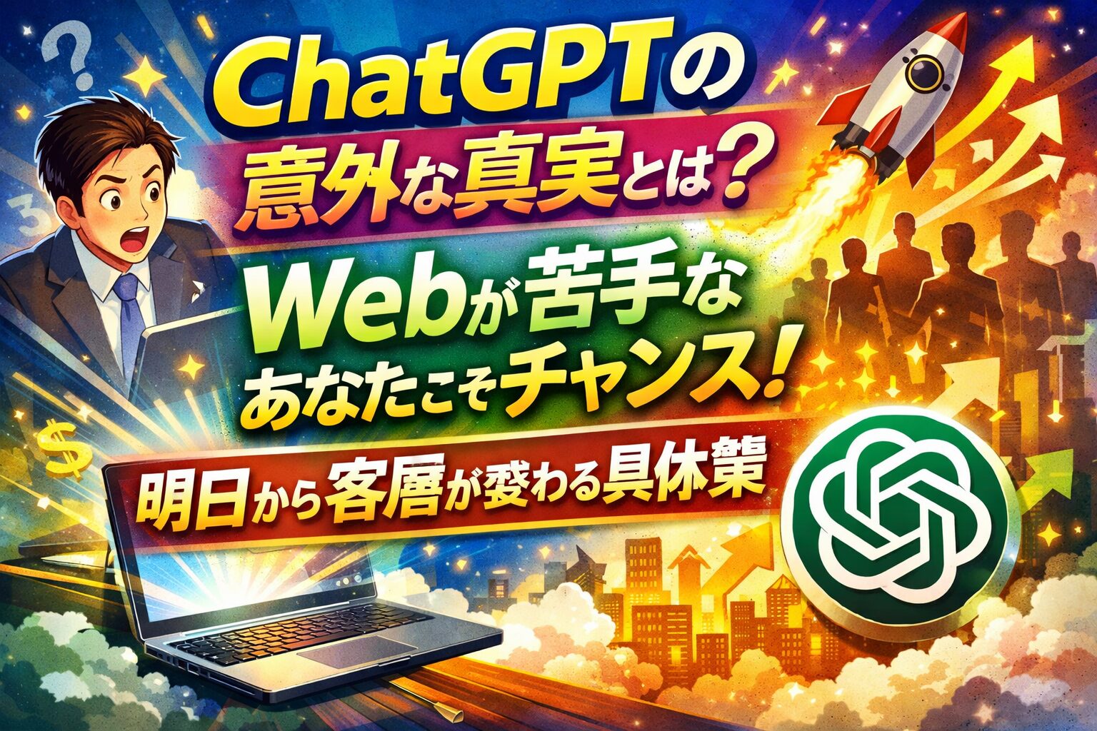 ChatGPTを活用してWebが苦手な事業主でも客層を変えられる可能性を示すイメージ。驚く男性とパソコン、成長を象徴するロケットとChatGPTロゴを配置したビジュアル。