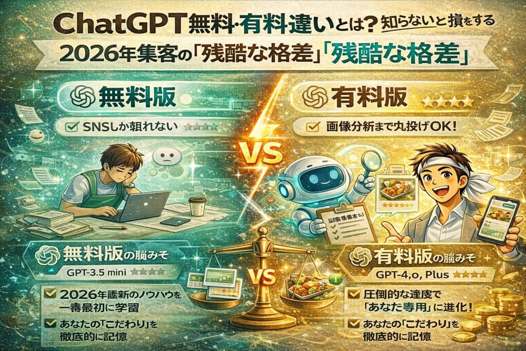 ChatGPTの無料版と有料版の違いを比較したアイキャッチ画像。無料版は作業に悩む事業主、有料版はAIと共に効率的に集客を進める様子を対比して表現している。