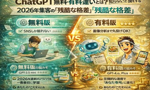 ChatGPTの無料版と有料版の違いを比較したアイキャッチ画像。無料版は作業に悩む事業主、有料版はAIと共に効率的に集客を進める様子を対比して表現している。