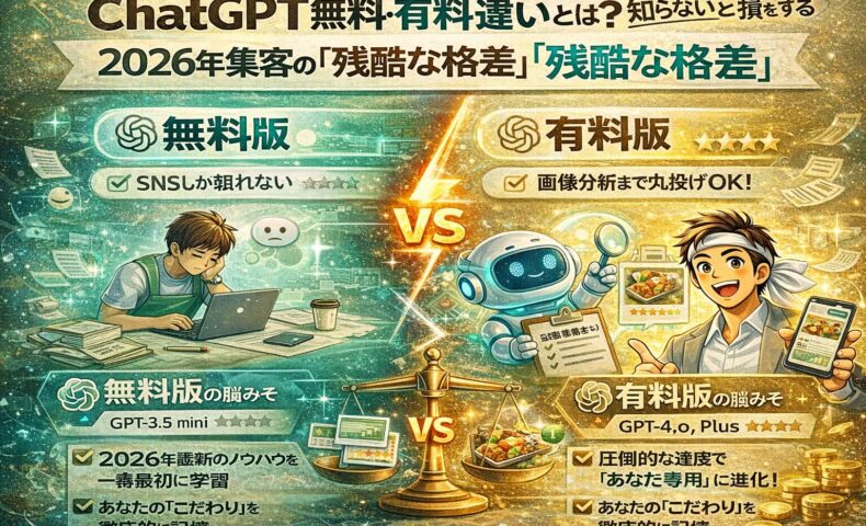 ChatGPTの無料版と有料版の違いを比較したアイキャッチ画像。無料版は作業に悩む事業主、有料版はAIと共に効率的に集客を進める様子を対比して表現している。