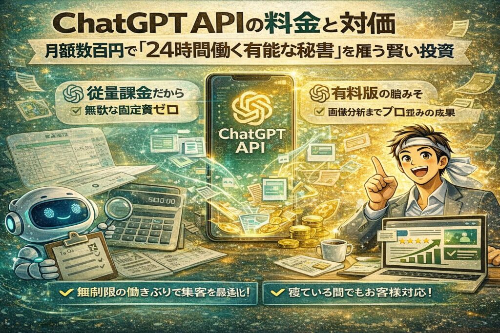 ChatGPT APIの料金体系と活用イメージを表現したイラスト。月額数百円で24時間働く有能な秘書として、業務効率化や自動集客を支援する様子を描写している画像。