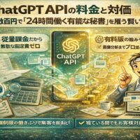 ChatGPT APIの料金体系と活用イメージを表現したイラスト。月額数百円で24時間働く有能な秘書として、業務効率化や自動集客を支援する様子を描写している画像。