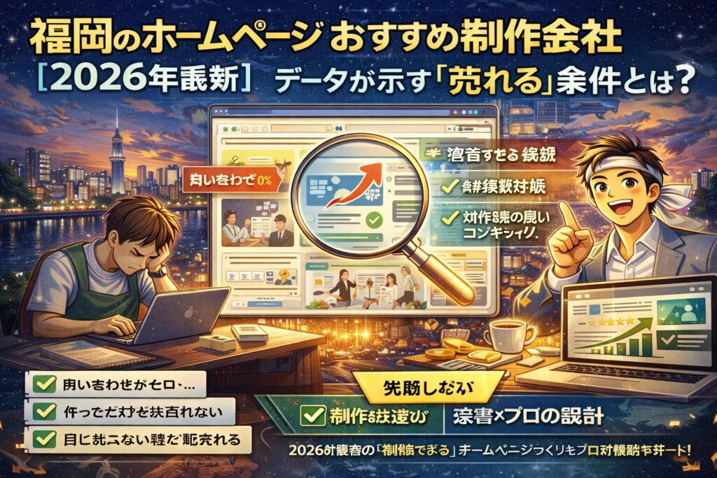 福岡でホームページ制作会社を探す事業者向けに、売れる導線設計と成果重視の考え方を示したビジュアル構成。福岡 ホームページ おすすめの判断軸が分かる内容。
