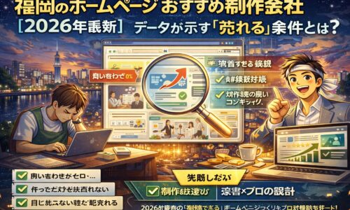 福岡でホームページ制作会社を探す事業者向けに、売れる導線設計と成果重視の考え方を示したビジュアル構成。福岡 ホームページ おすすめの判断軸が分かる内容。