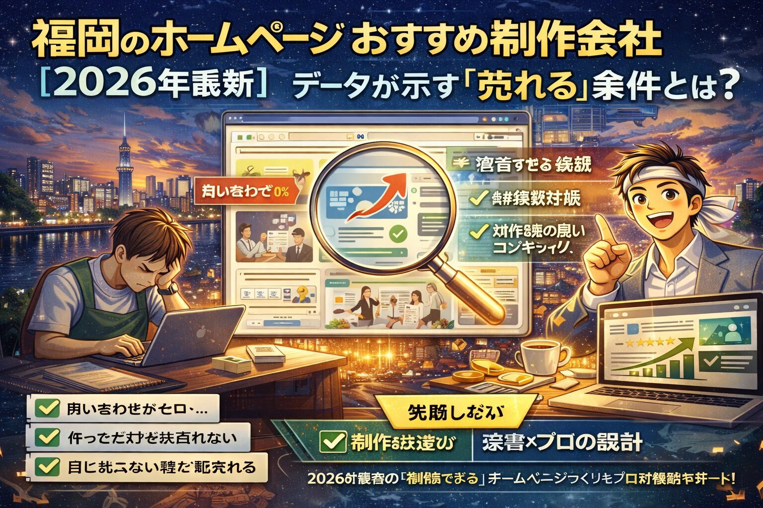 福岡でホームページ制作会社を探す事業者向けに、売れる導線設計と成果重視の考え方を示したビジュアル構成。福岡 ホームページ おすすめの判断軸が分かる内容。
