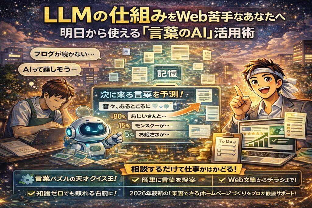 LLMの仕組みをイラストで解説し、次に来る言葉を予測するAIの動きと、Webが苦手な人でも使える活用イメージを視覚的に表現した図