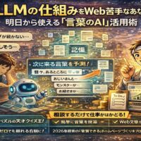 LLMの仕組みをイラストで解説し、次に来る言葉を予測するAIの動きと、Webが苦手な人でも使える活用イメージを視覚的に表現した図