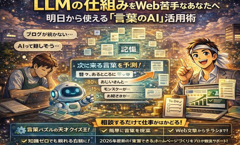 LLMの仕組みをイラストで解説し、次に来る言葉を予測するAIの動きと、Webが苦手な人でも使える活用イメージを視覚的に表現した図