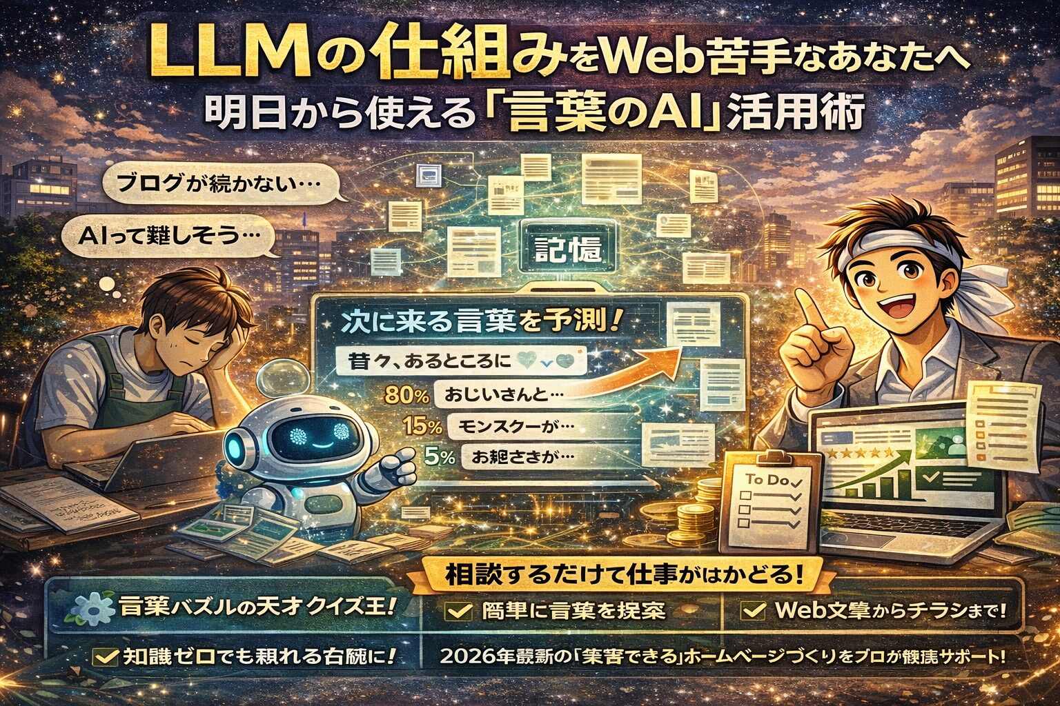 LLMの仕組みをイラストで解説し、次に来る言葉を予測するAIの動きと、Webが苦手な人でも使える活用イメージを視覚的に表現した図