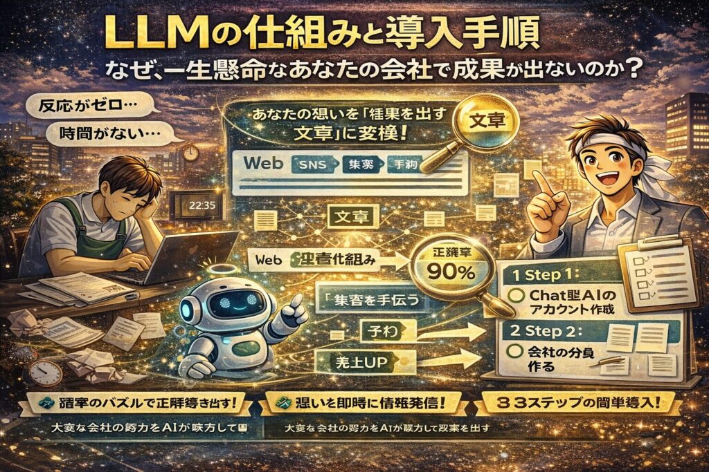 LLMの仕組みを図解で表現し、言葉の入力から確率計算による文章生成までの流れを分かりやすく示したビジュアル
