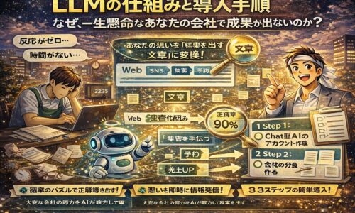 LLMの仕組みを図解で表現し、言葉の入力から確率計算による文章生成までの流れを分かりやすく示したビジュアル