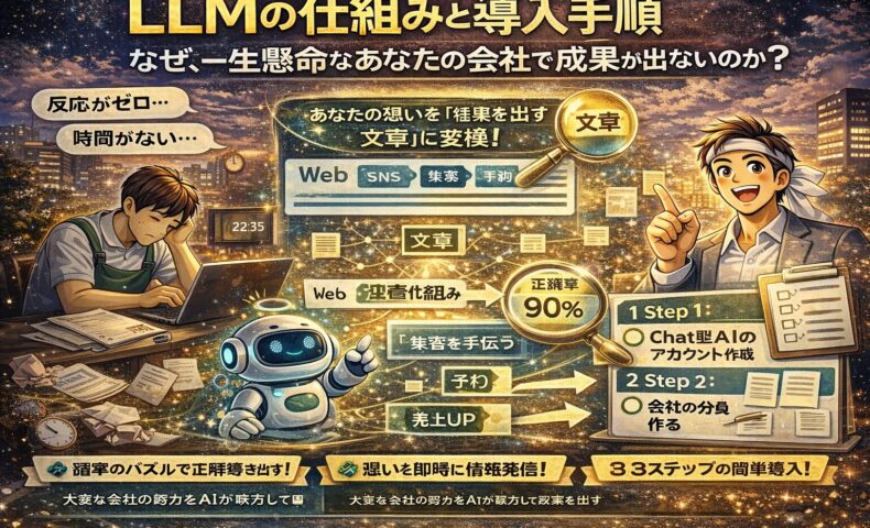 LLMの仕組みを図解で表現し、言葉の入力から確率計算による文章生成までの流れを分かりやすく示したビジュアル