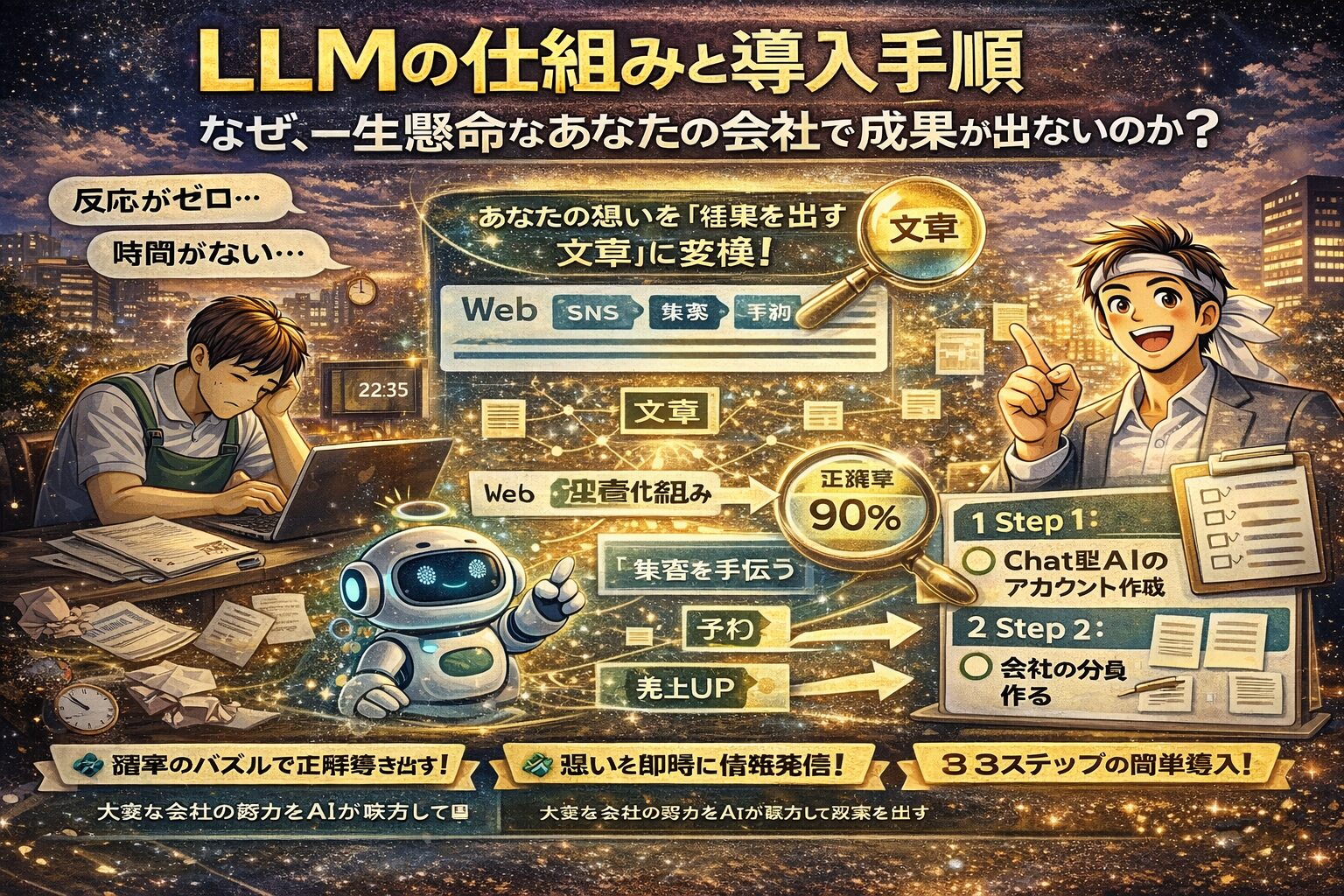 LLMの仕組みを図解で表現し、言葉の入力から確率計算による文章生成までの流れを分かりやすく示したビジュアル