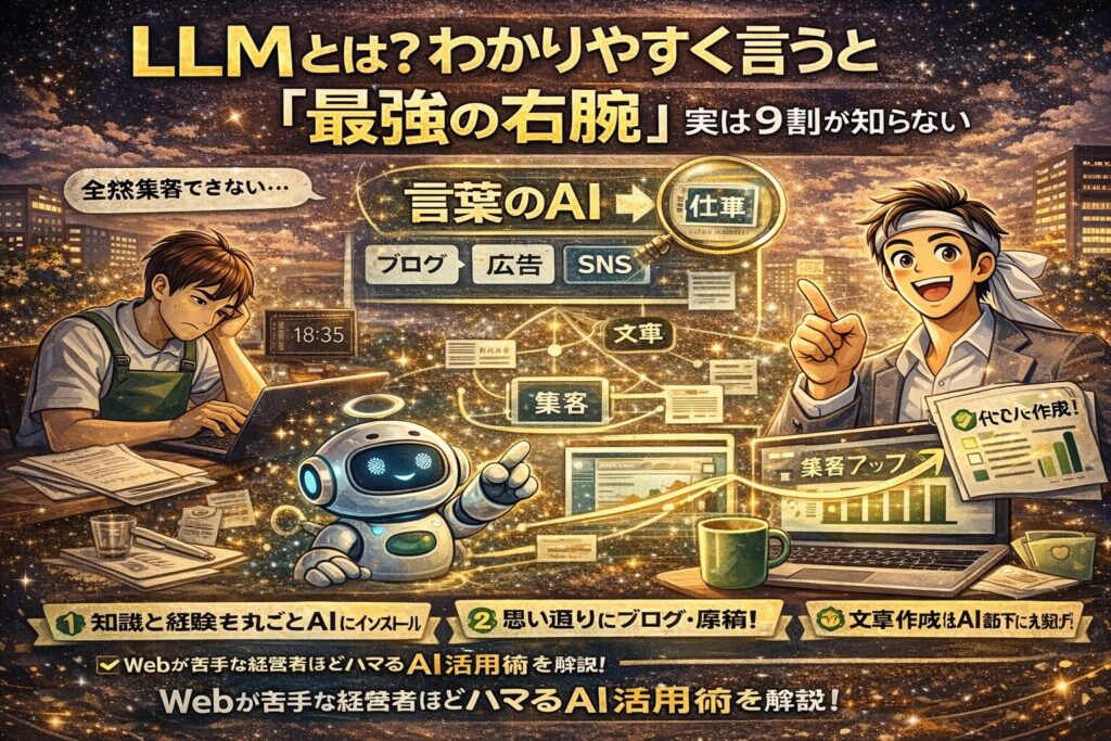 LLMの仕組みを図解でわかりやすく解説するアイキャッチ画像。AIが言葉を理解し、文章作成や集客を支援する流れをビジネス初心者向けに表現。
