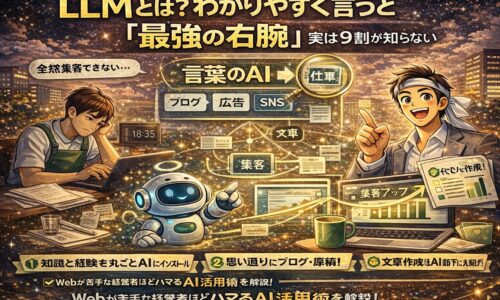 LLMの仕組みを図解でわかりやすく解説するアイキャッチ画像。AIが言葉を理解し、文章作成や集客を支援する流れをビジネス初心者向けに表現。