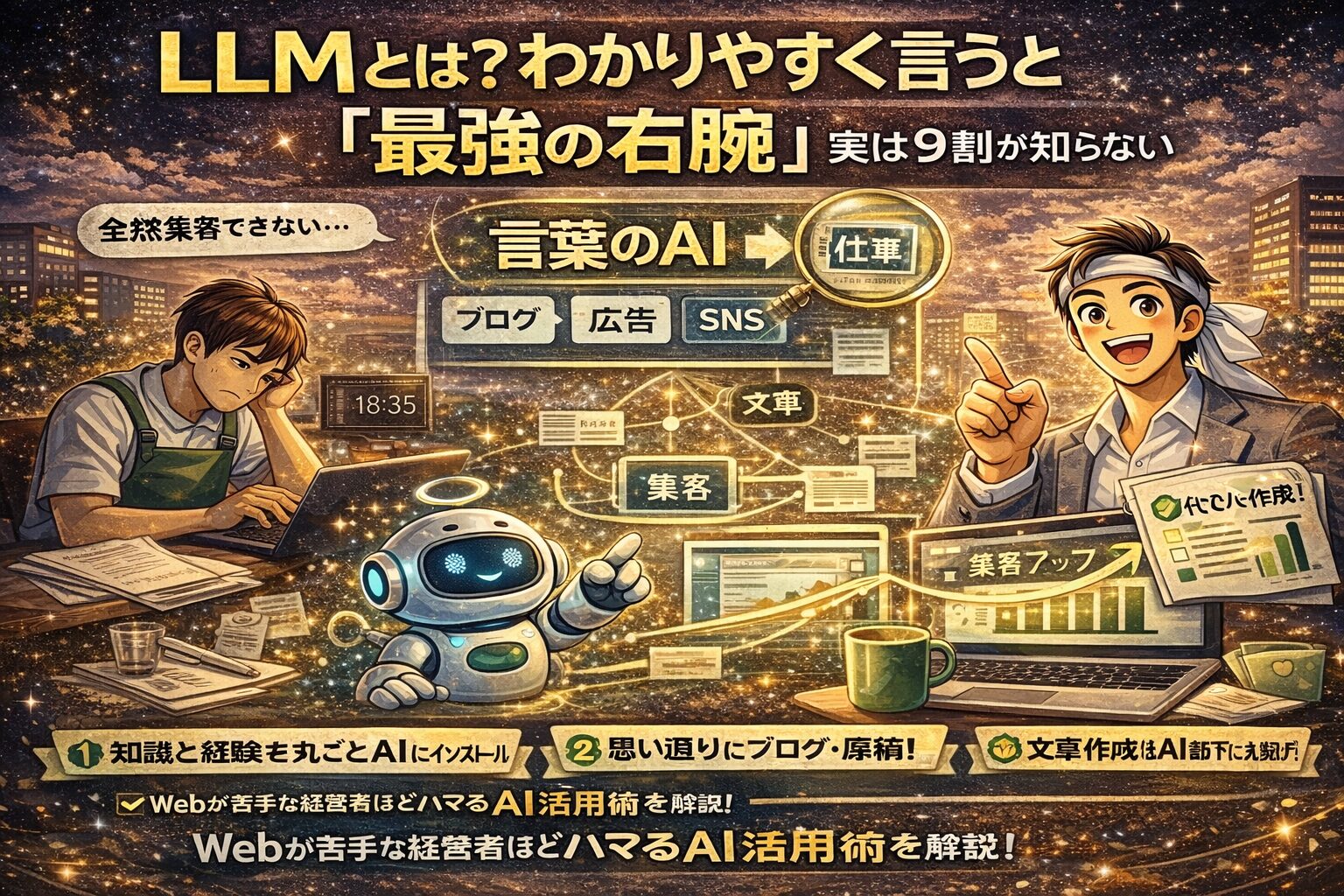 LLMの仕組みを図解でわかりやすく解説するアイキャッチ画像。AIが言葉を理解し、文章作成や集客を支援する流れをビジネス初心者向けに表現。