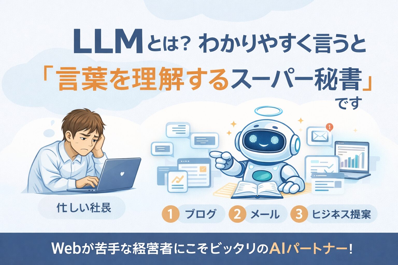llm 仕組みをわかりやすく解説するイラスト。忙しい社長とAIロボットが並び、文章作成や集客を支援するLLMの役割を視覚的に表現している