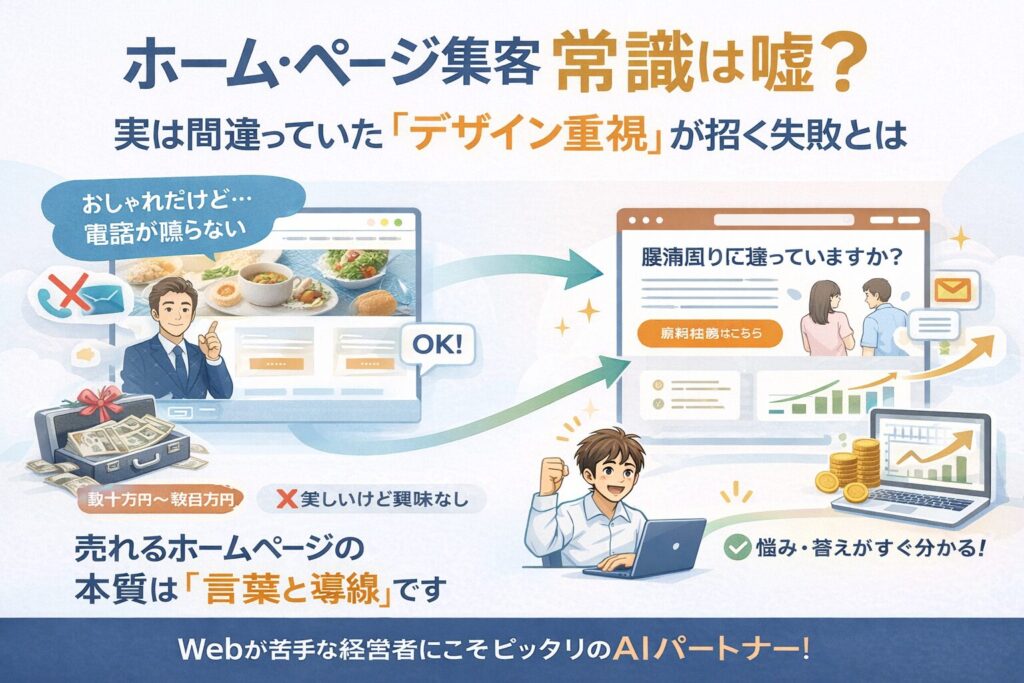 デザイン重視で集客できないホームページと、言葉と導線で成果を出すホームページを対比し、正しい集客の本質を示したイラスト
