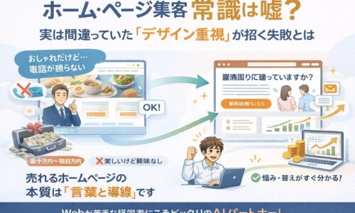 デザイン重視で集客できないホームページと、言葉と導線で成果を出すホームページを対比し、正しい集客の本質を示したイラスト