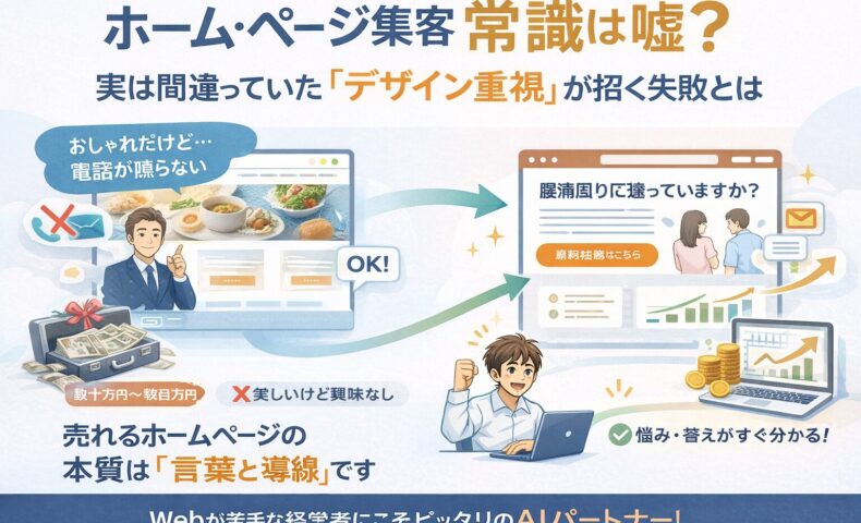 デザイン重視で集客できないホームページと、言葉と導線で成果を出すホームページを対比し、正しい集客の本質を示したイラスト