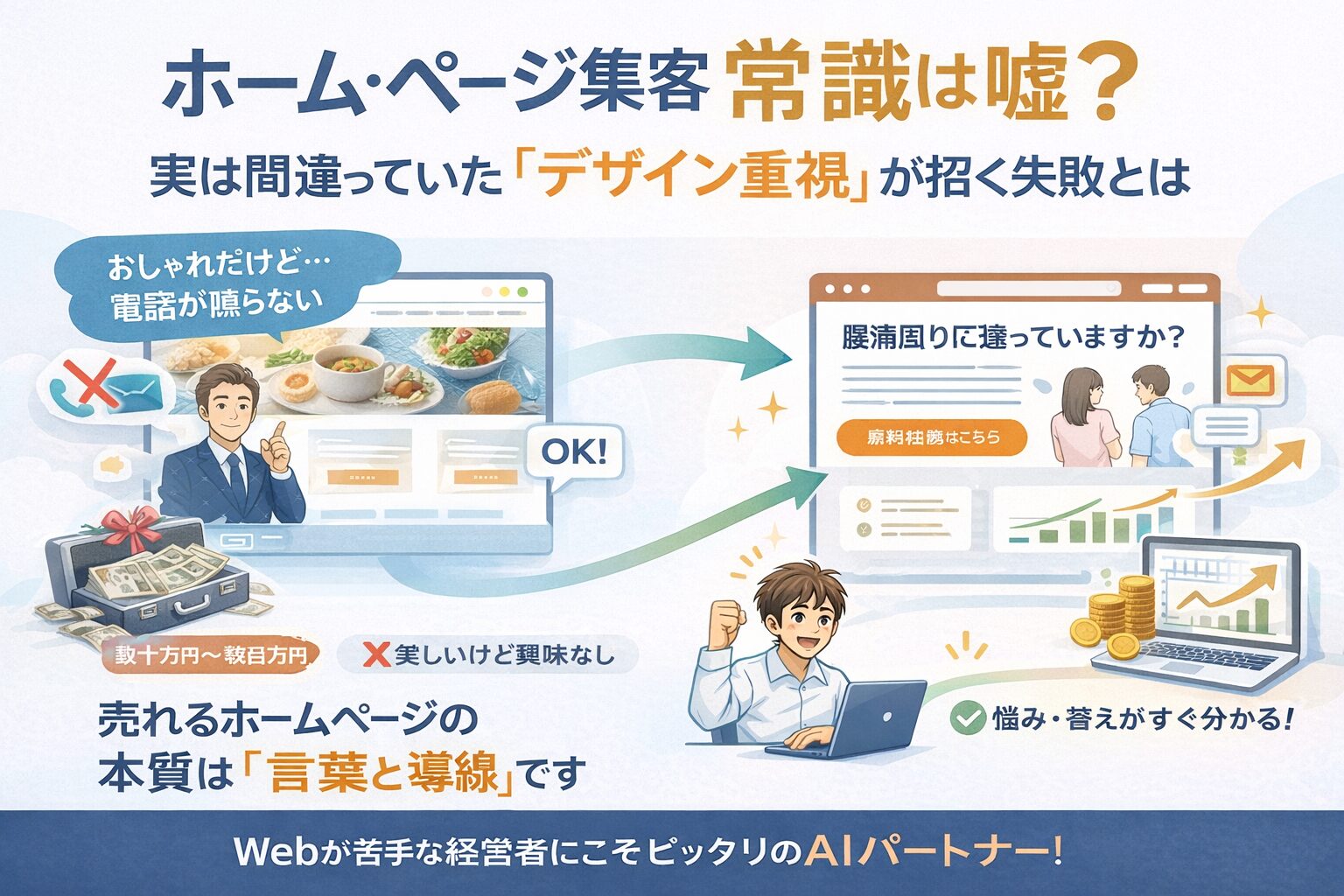 デザイン重視で集客できないホームページと、言葉と導線で成果を出すホームページを対比し、正しい集客の本質を示したイラスト