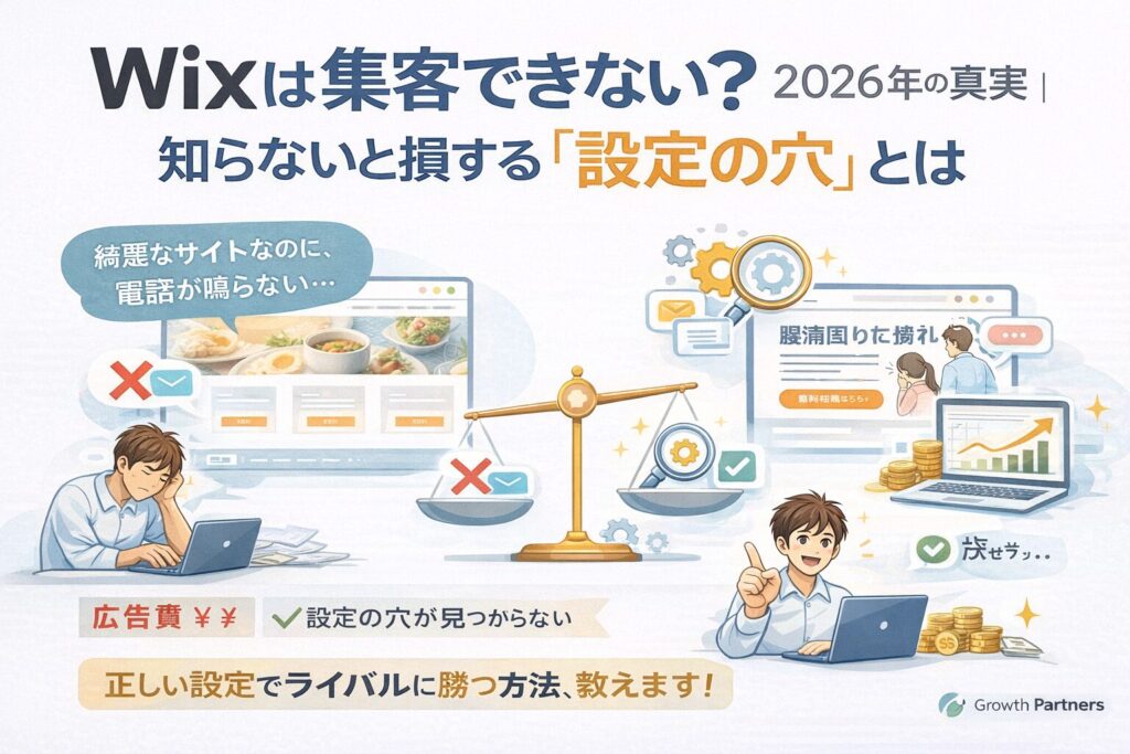 Wixで作ったホームページが集客できず悩む事業主と、正しい設定で成果を出す対比を示し、2026年に重要な集客構造と設定の違いを解説するビジュアル