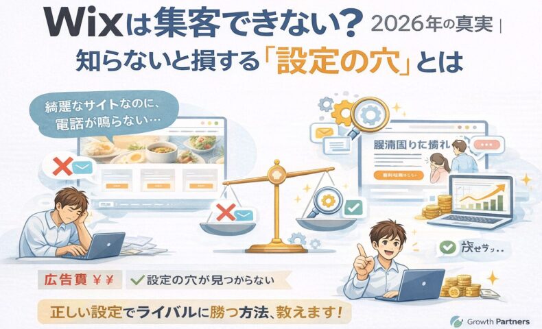 Wixで作ったホームページが集客できず悩む事業主と、正しい設定で成果を出す対比を示し、2026年に重要な集客構造と設定の違いを解説するビジュアル